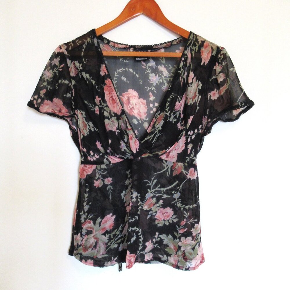 Vintage DCC Junior Top Medium Dark Floral Babydoll Y2K Sheer Fairy 90s Flowy